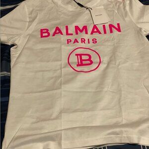 Balmain Paris Essential White Cotton Flocked Logo Button Detail Tee Shirt Small